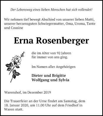 Traueranzeige von Erna Rosenberger von Müritz-Zeitung