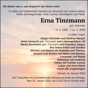 Traueranzeige von Erna Tinzmann von Vorpommern Kurier