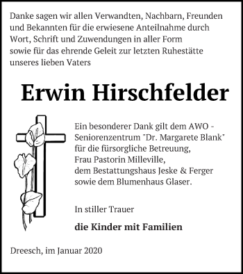 Traueranzeige von Erwin Hirschfelder von Prenzlauer Zeitung