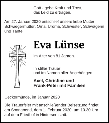 Traueranzeige von Eva Lünse von Haff-Zeitung