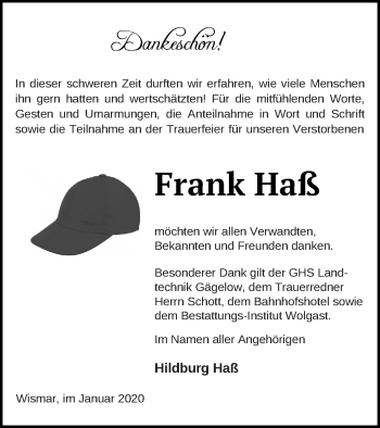 Traueranzeige von Frank Haß von Müritz-Zeitung