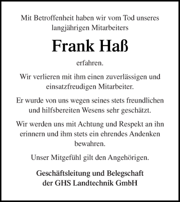 Traueranzeige von Frank Haß von Müritz-Zeitung