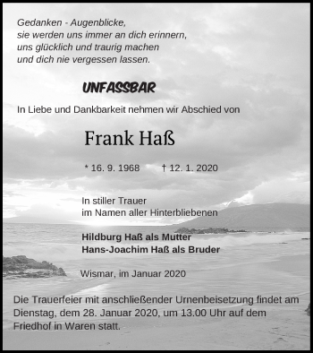 Traueranzeige von Frank Haß von Müritz-Zeitung