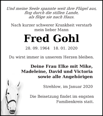 Traueranzeige von Fred Gohl von Prenzlauer Zeitung