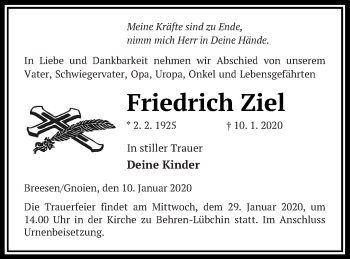 Traueranzeige von Friedrich Ziel von Mecklenburger Schweiz