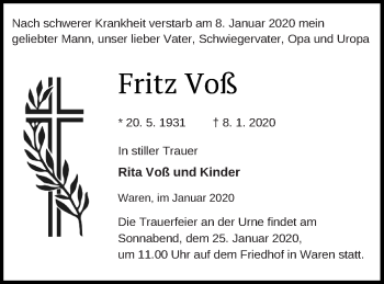 Traueranzeige von Fritz Voß von Müritz-Zeitung