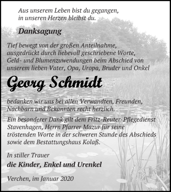 Traueranzeige von Georg Schmidt von Demminer Zeitung