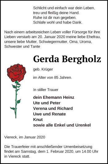 Traueranzeige von Gerda Bergholz von Pasewalker Zeitung