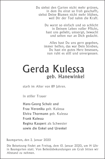 Traueranzeige von Gerda Kulessa von Prenzlauer Zeitung