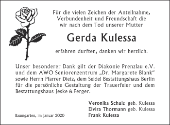 Traueranzeige von Gerda Kulessa von Prenzlauer Zeitung