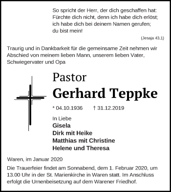 Traueranzeige von Gerhard Teppke von Mecklenburger Schweiz