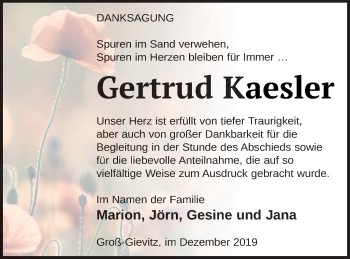 Traueranzeige von Gertrud Kaesler von Müritz-Zeitung