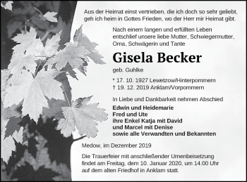 Traueranzeige von Gisela Becker von Vorpommern Kurier