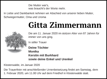 Traueranzeige von Gitta Zimmermann von Templiner Zeitung