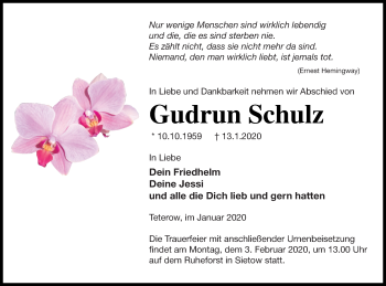 Traueranzeige von Gudrun Schulz von Mecklenburger Schweiz