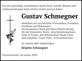 Traueranzeige von Gustav Schmegner von Prenzlauer Zeitung