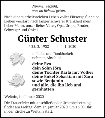 Traueranzeige von Günter Schuster von Neubrandenburger Zeitung