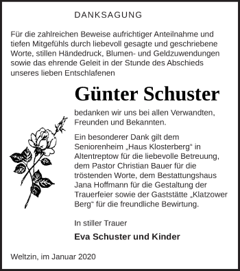 Traueranzeige von Günter Schuster von Neubrandenburger Zeitung