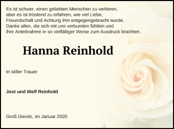 Traueranzeige von Hanna Reinhold von Müritz-Zeitung