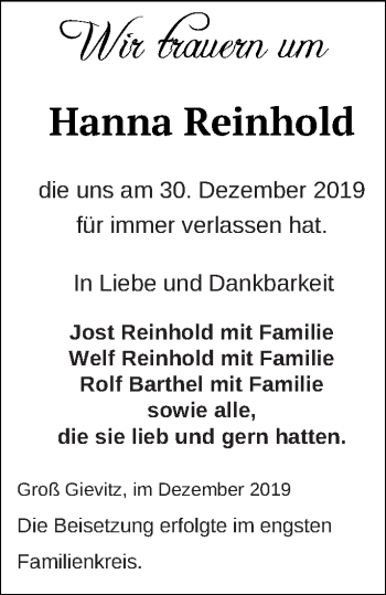 Traueranzeige von Hanna Reinhold von Müritz-Zeitung