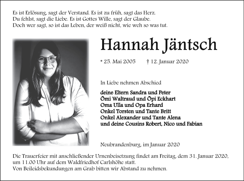  Traueranzeige für Hannah Jäntsch vom 18.01.2020 aus Neubrandenburger Zeitung