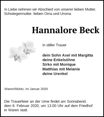 Traueranzeige von Hannalore Beck von Müritz-Zeitung