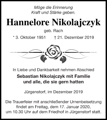 Traueranzeige von Hannelore Nikolajczyk von Mecklenburger Schweiz