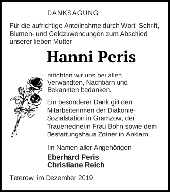 Traueranzeige von Hanni Peris von Vorpommern Kurier