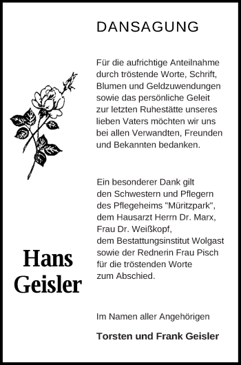 Traueranzeige von Hans Geisler von Müritz-Zeitung