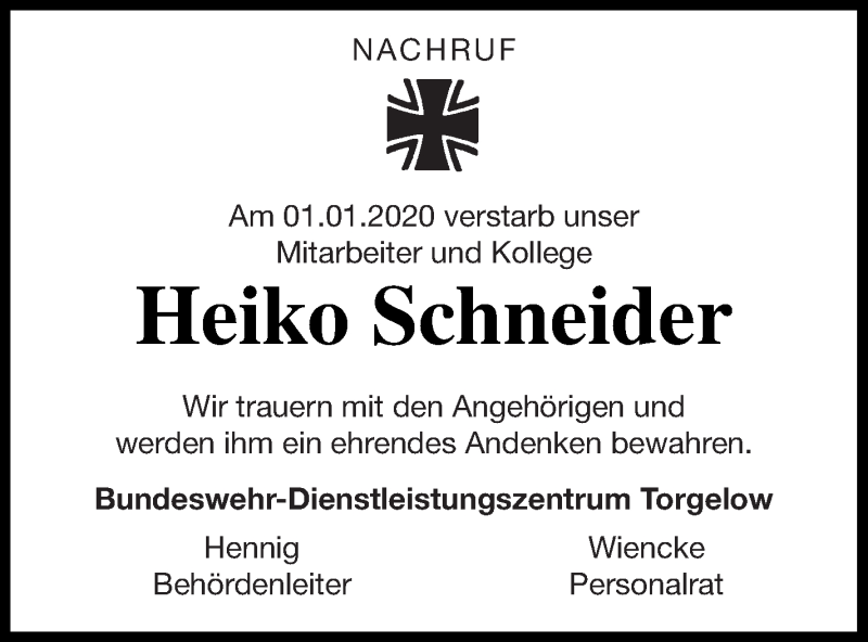  Traueranzeige für Heiko Schneider vom 25.01.2020 aus Neubrandenburger Zeitung