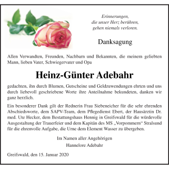 Traueranzeige von Heinz-Günter Adebahr von Vorpommern Kurier