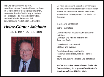 Traueranzeige von Heinz-Günter Adebahr von Vorpommern Kurier