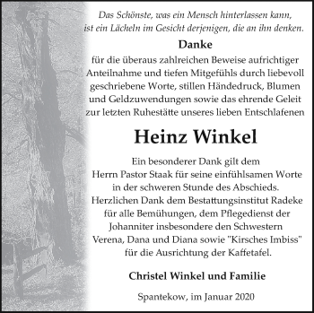 Traueranzeige von Heinz Winkel von Vorpommern Kurier