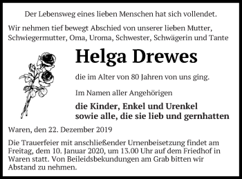 Traueranzeige von Helga Drewes von Müritz-Zeitung