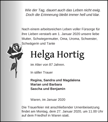 Traueranzeige von Helga Hortig von Müritz-Zeitung