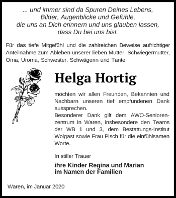 Traueranzeige von Helga Hortig von Müritz-Zeitung