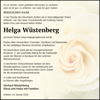 Traueranzeige von Helga Wüstenberg von Vorpommern Kurier