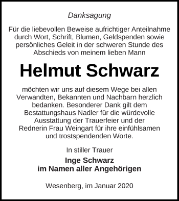 Traueranzeige von Helmut Schwarz von Strelitzer Zeitung