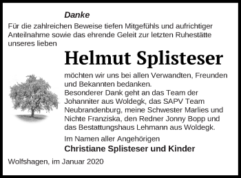 Traueranzeige von Helmut Splisteser von Prenzlauer Zeitung