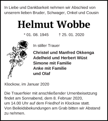 Traueranzeige von Helmut Wobbe von Prenzlauer Zeitung