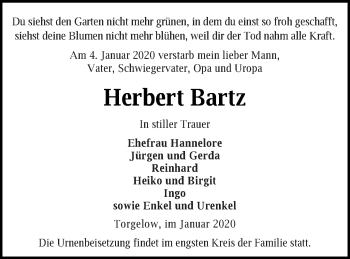 Traueranzeige von Herbert Bartz von Haff-Zeitung