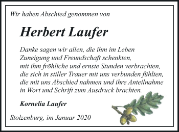 Traueranzeige von Herbert Laufer von Pasewalker Zeitung