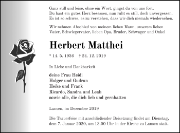 Traueranzeige von Herbert Matthei von Müritz-Zeitung