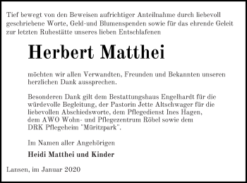 Traueranzeige von Herbert Matthei von Müritz-Zeitung