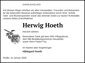 Traueranzeige von Herwig Hoeth von Strelitzer Zeitung