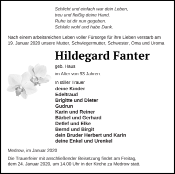 Traueranzeige von Hildegard Fanter von Demminer Zeitung