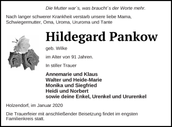 Traueranzeige von Hildegard Pankow von Prenzlauer Zeitung