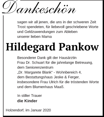 Traueranzeige von Hildegard Pankow von Prenzlauer Zeitung