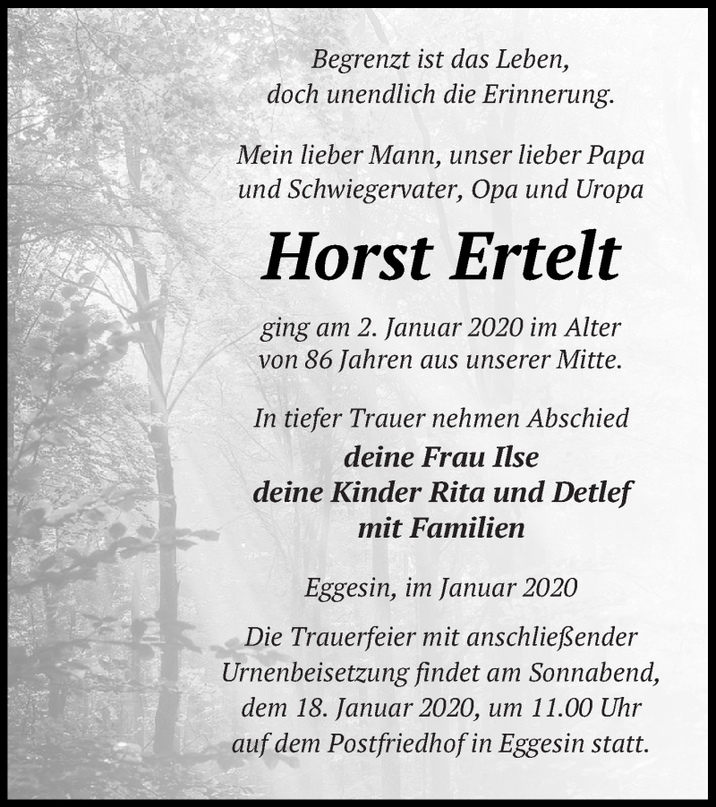  Traueranzeige für Horst Ertelt vom 10.01.2020 aus Haff-Zeitung
