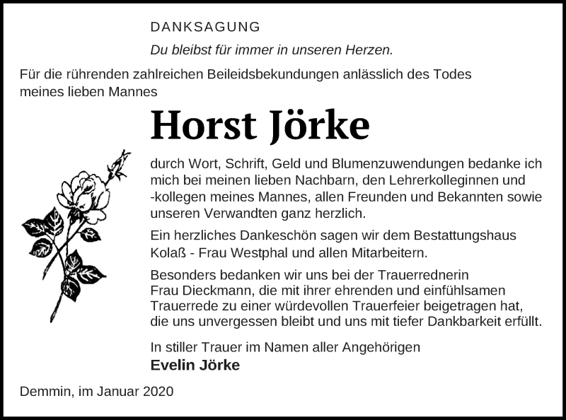  Traueranzeige für Horst Jörke vom 17.01.2020 aus Demminer Zeitung